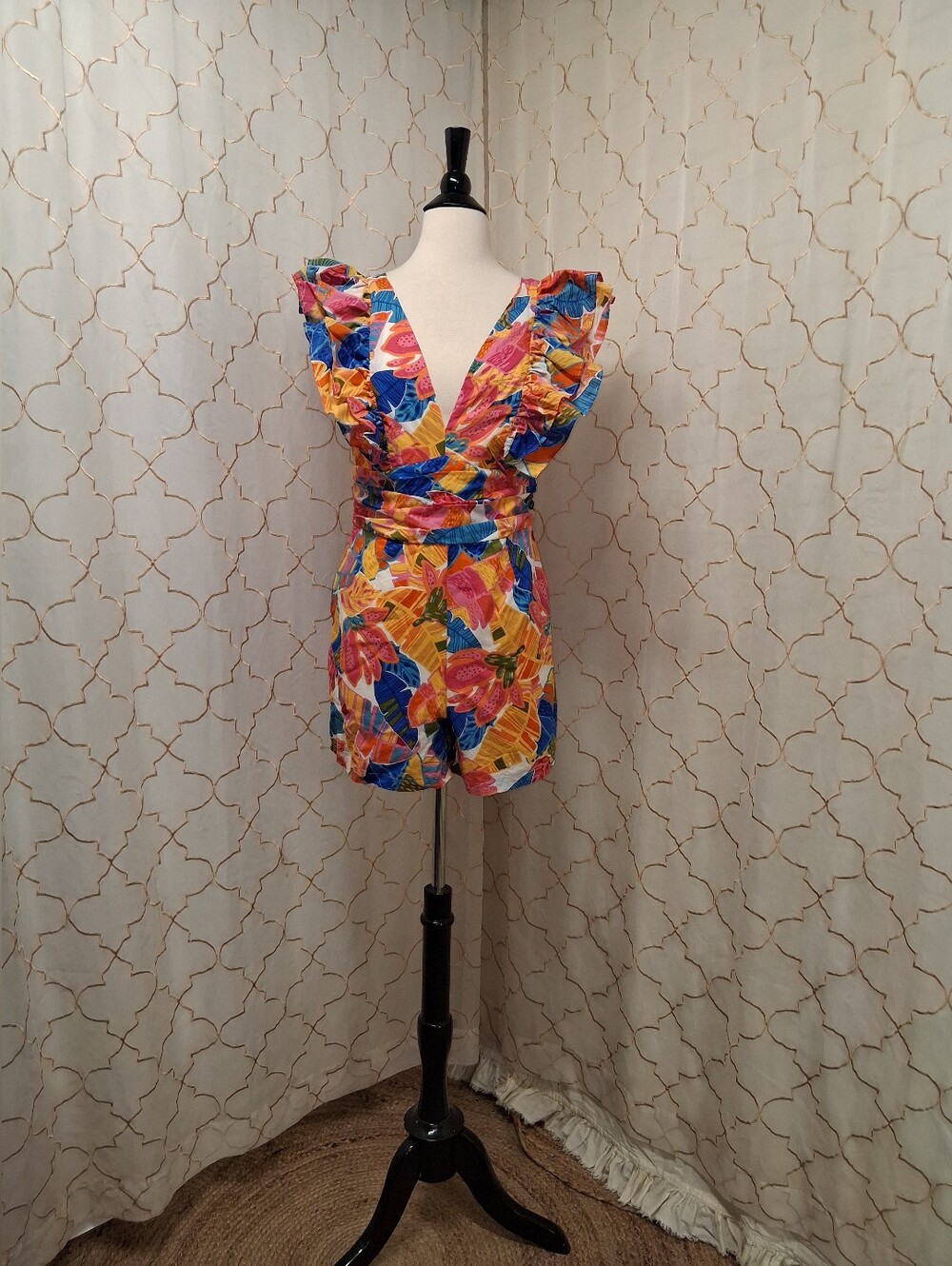 Vibrant Multicolor Ruffle Romper - Tropical Print